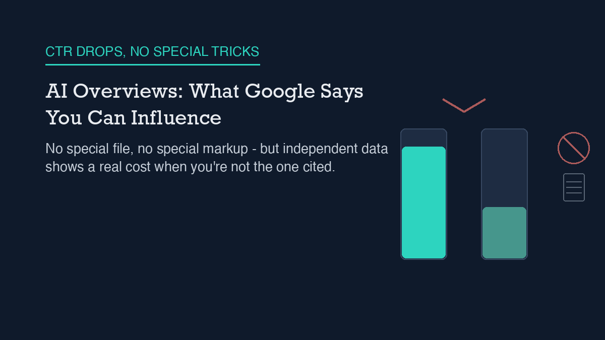Two vertical click-volume bars side by side: the left bar filled high representing clicks without an AI Overview present, the right bar filled noticeably lower representing clicks with an AI Overview present, joined above by a small downward chevron, with a circle-and-slash no glyph beside a small page icon marking a mythbusted tactic.