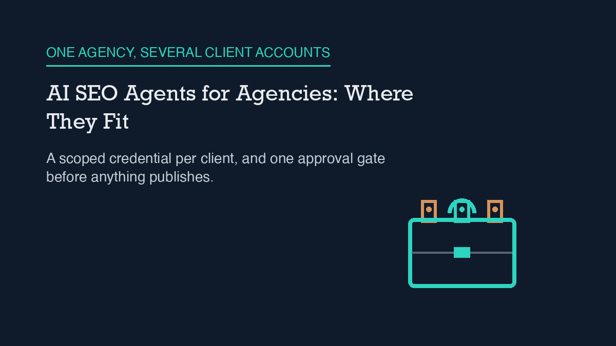 A closed briefcase with a carrying handle and one central latch, and three separate small tabs poking out of the top edge, each with its own dot, representing one agency holding several separate client accounts behind a single approval gate.
