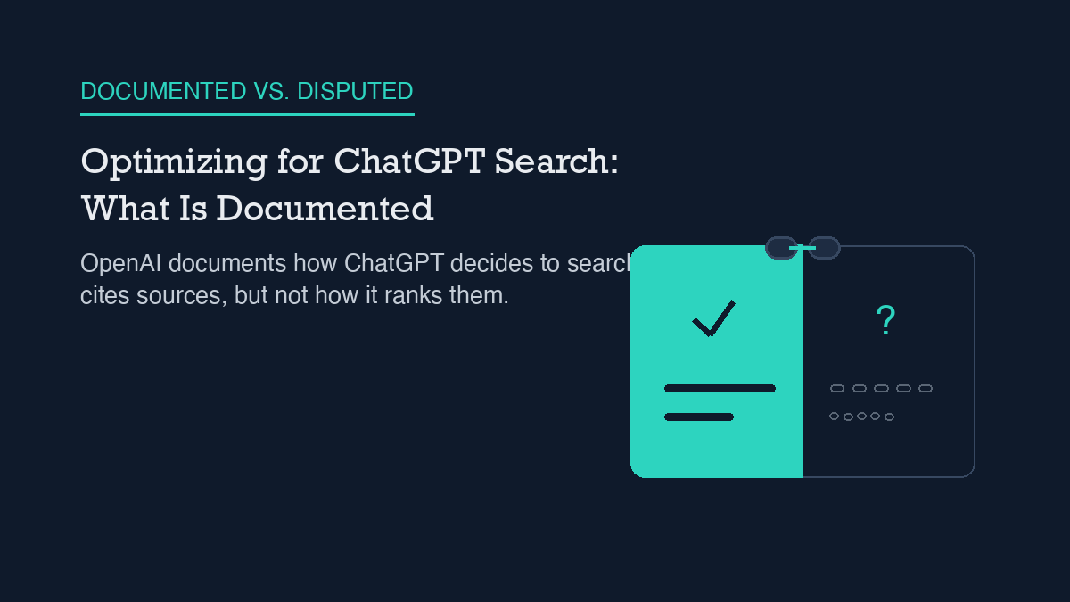 A citation card split down the middle: the left half is solid teal with a checkmark and solid text bars representing a documented, source-backed claim about ChatGPT search, while the right half has a dashed outline with a hollow question mark and segmented dashed bars representing a disputed, unverified ranking claim, joined by two small linked pill shapes across the top edge.