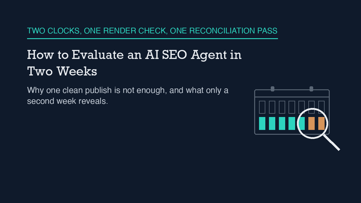Two-week calendar icon with a magnifying glass over the second week, illustrating a two-week AI SEO agent evaluation