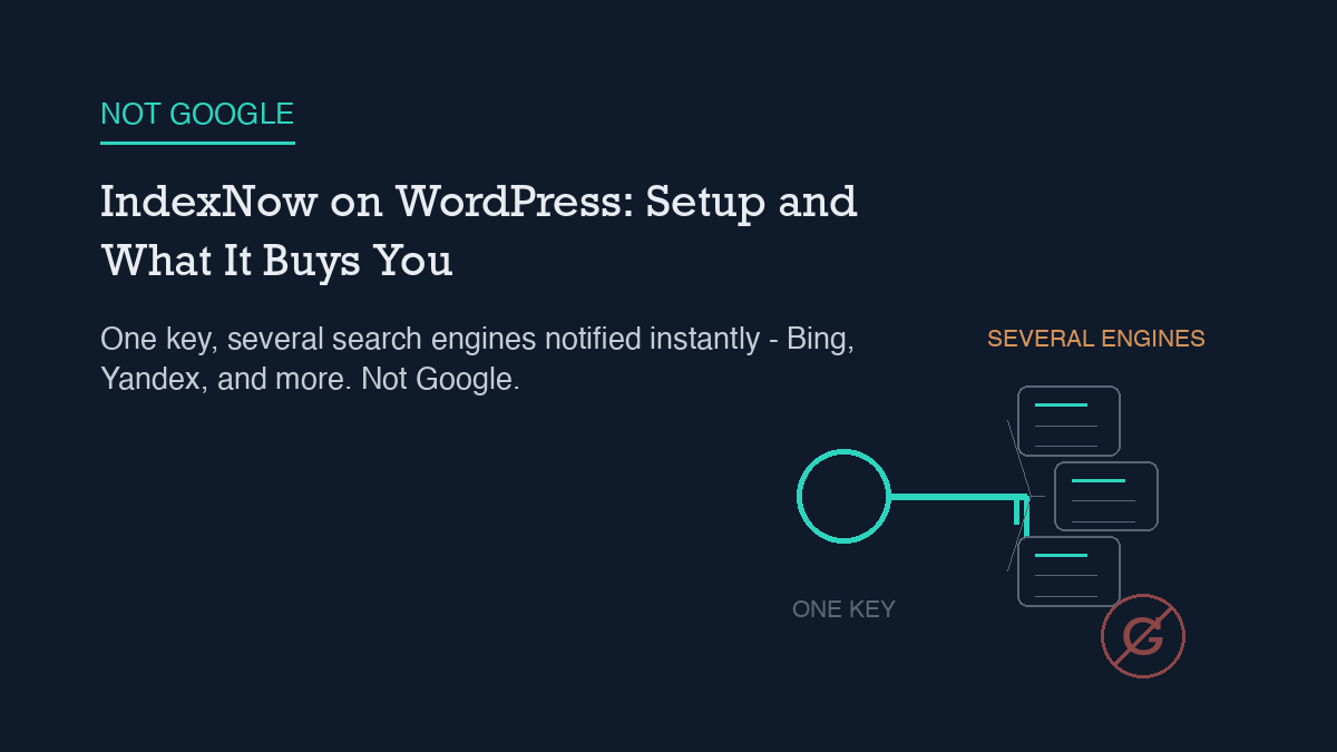 A single teal key glyph connected to three fanned search-result cards labeled SEVERAL ENGINES, next to a separate, dimmed, crossed-out G badge, illustrating that one IndexNow key notifies several search engines but not Google.
