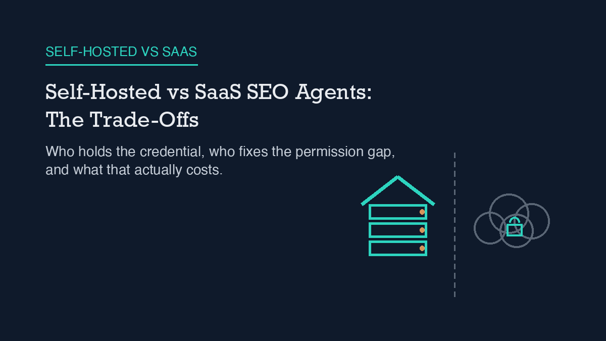 A dashed vertical line splits a roofed, three-bar server rack on the left from a plain cloud outline holding a small padlock on the right, representing a self-hosted server under your own roof versus a SaaS product holding the same data behind someone else's infrastructure.