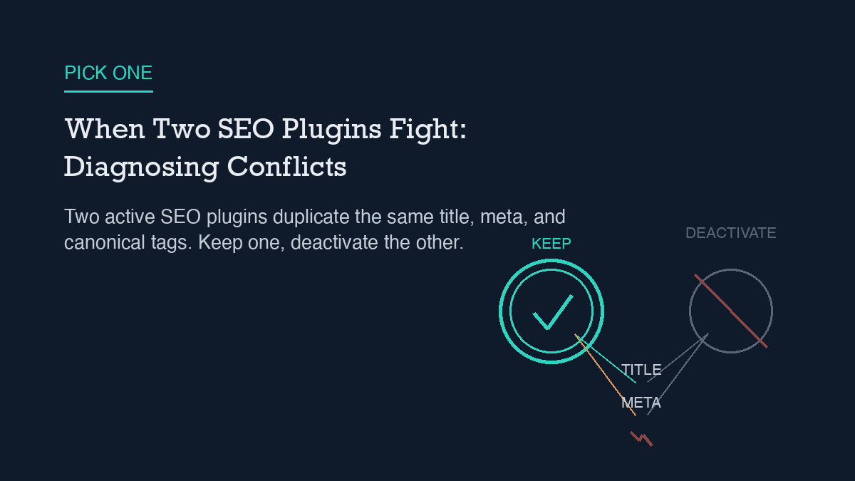 Two facing plugin badges connected by TITLE and META tag-lines that collide in the middle; the left badge has a keep-ring and checkmark, the right badge is dimmed with a diagonal strike-through, illustrating keeping one SEO plugin active and deactivating the other.