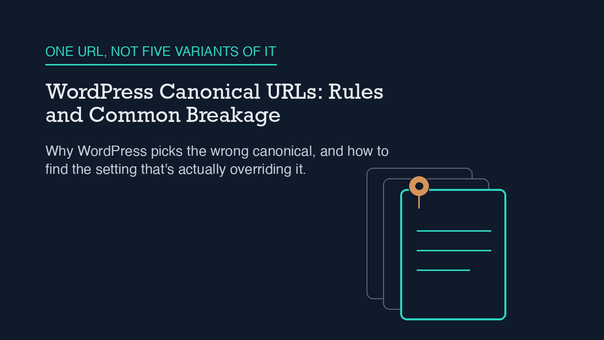 A fanned stack of faded duplicate page rectangles behind one solid teal page marked with a small pin, meaning one canonical URL chosen among several competing variants