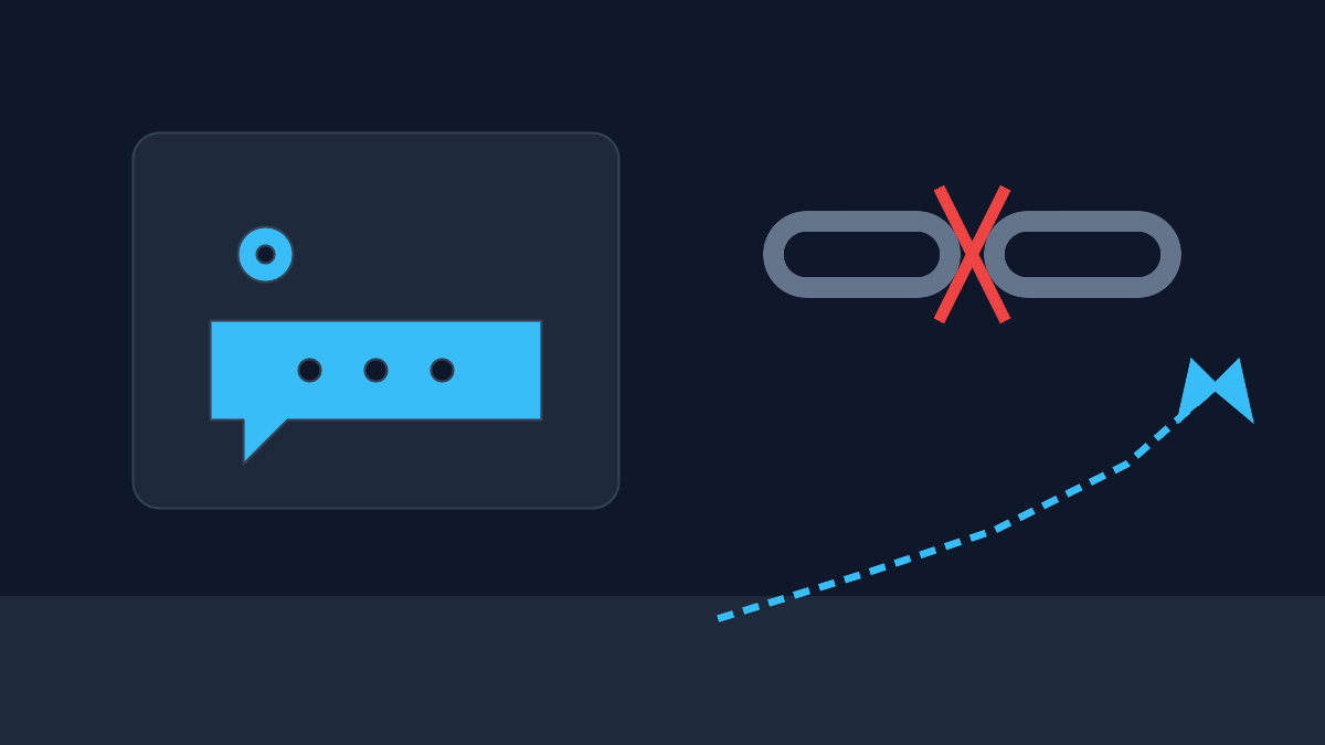 Illustration of a speech-bubble icon representing an unlinked brand mention, positioned apart from a disconnected chain-link icon, with a dashed trend line rising toward the speech bubble to represent its correlation with AI Overview visibility.