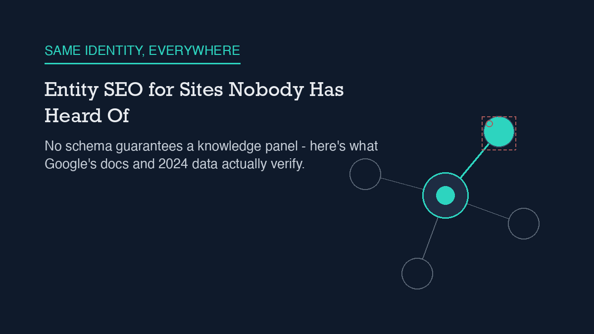 Illustration of a central hub node connected to one solid linked satellite and three hollow unlinked satellites, with a dashed empty tag representing a missing logo property, symbolizing entity SEO identity signals.